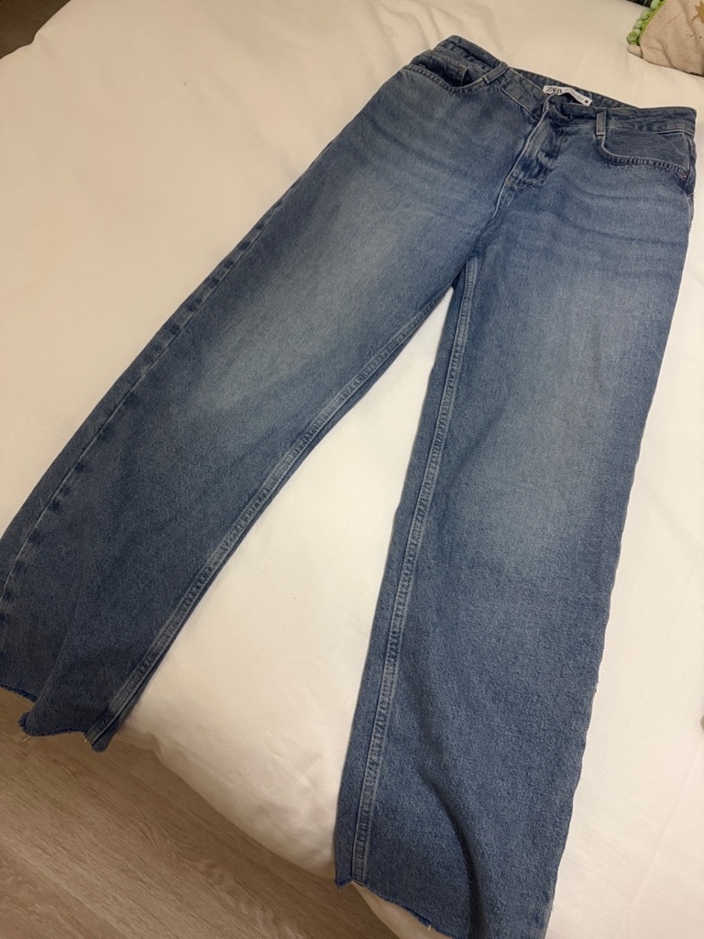 Zara Light Blue Denim Jeans with Leather Logo Patch